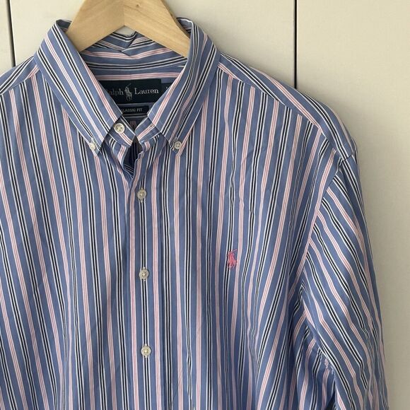 Mens Ralph Lauren Button Down Shirt Size Large Classic Fit Stripe Blue Pink - Picture 2 of 6